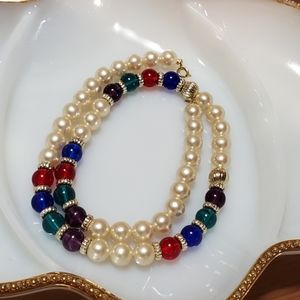 Vintage multicolor faux pearl and gold beads Holiday Formal necklace